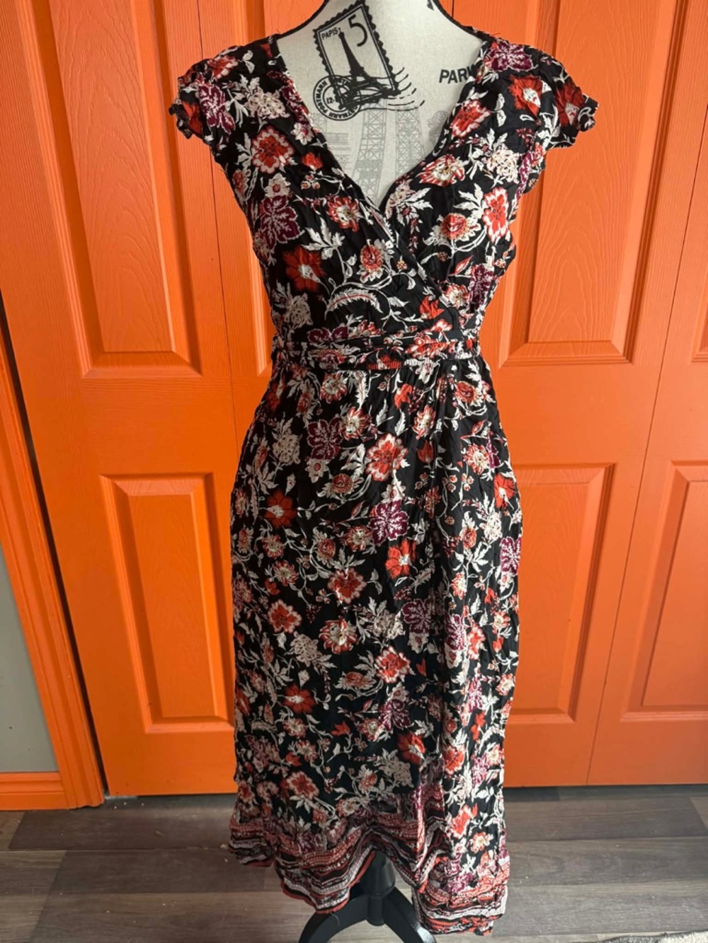 Band of Gypsies Black Midi Wrap Dress with Red & Ivory Floral Print